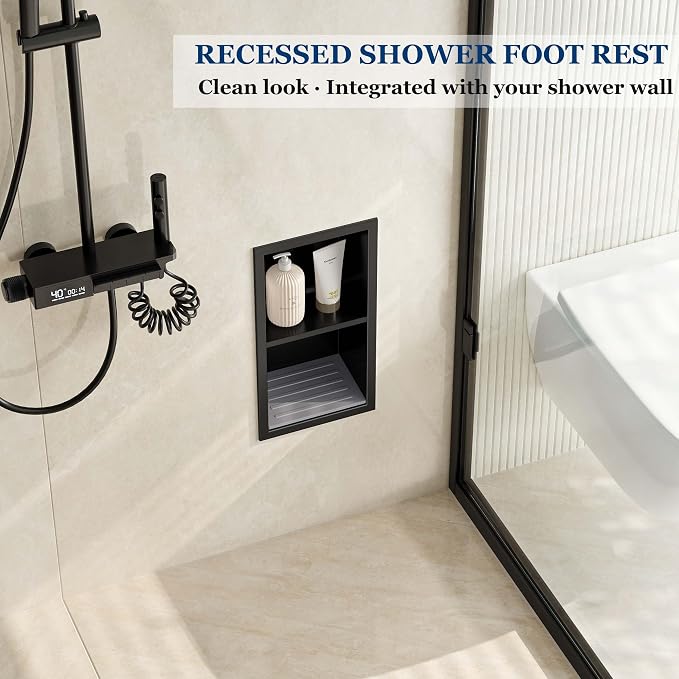 Neodrain Shower Foot Rest for Shaving Legs, 304 Stainless Steel Shower Niche, Recessed Shower Step for Shaving Legs,Niche for Shower Wall, Bathroom Foot Rest (Matte Black, 12.3"x 6")