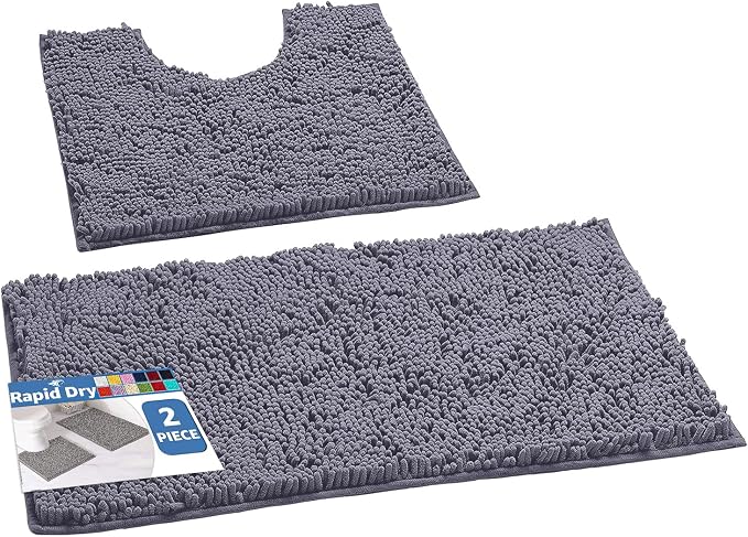 LuxUrux Bathroom Rugs Sets 2 Piece, Bathroom Rug Set, Soft Absorbent Chenille Bath Mat & Contour Toilet Rug, Non Slip, Quick Dry, Machine Washable Shaggy Bathroom Mats (Gray, 20"x30"+20"x20" U-Shaped)
