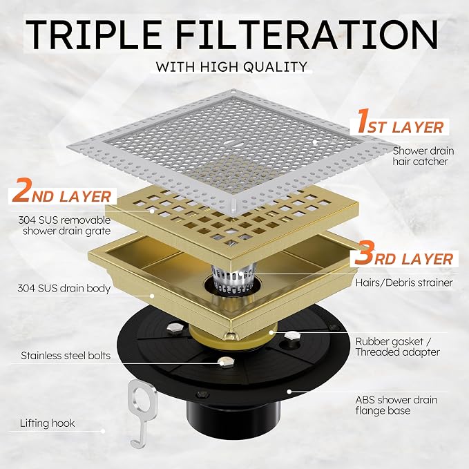 6 Inch Square Gold Shower Drain with Flange,Modern Floor Drain with Quadrato Pattern Grate Removable,SUS 304 Stainless Steel