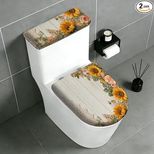 2 pack Toilet Lid Cover & Tank Lid Cover,Fits Standard & Elongated Toilet | Soft Stretchable Fabric,Machine Washable,Decorative Bathroom Protective Covers