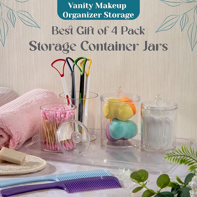 Qtip Holder Set, 4 Pack Clear Plastic Apothecary Jars with Lids — Cotton Swabs Holder, Cotton Balls Storage, Bathroom Canisters & Vanity Organizer for Q-Tips, Floss Picks