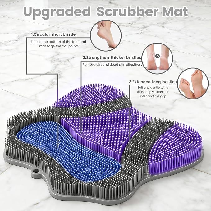 Shower Foot Scrubber Mat,Shower Foot and Back Scrubber with Wall Mount Suction Cups,Foot Scrubber for Use in Shower for Improve Skin Exfoliation(Grey&Blue)