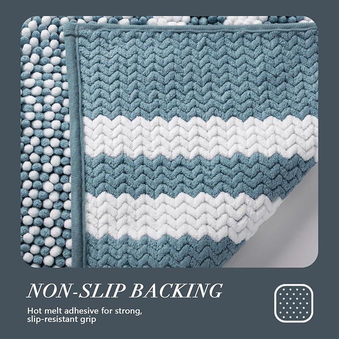 Bathroom Rugs, 17x24 Chenille Bath Mats, Denim Blue | Extra Soft Absorbent, Non Slip Striped, Quick Dry Machine Washable, Modern，Shower Rug for Bathroom Bedroom Decor