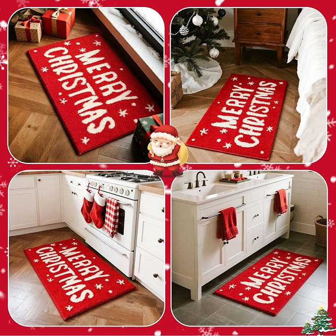 TYUU Christmas Bathroom Rugs, Extra Soft Absorbent Bath Rug Non Slip Washable Bathroom Mat Holiday Xmas Home Decor Indoor Bath Mat, Merry Christmas, 24"x36"