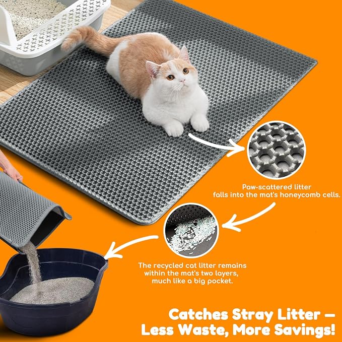 Cat Litter Mat 31"x24",Double Layer EVA Litterbox Mat Dark Gray | Extra Large Honeycomb, Waterproof & non-slip, Odor-free, easy clean, washable durable floor protector,scatter control