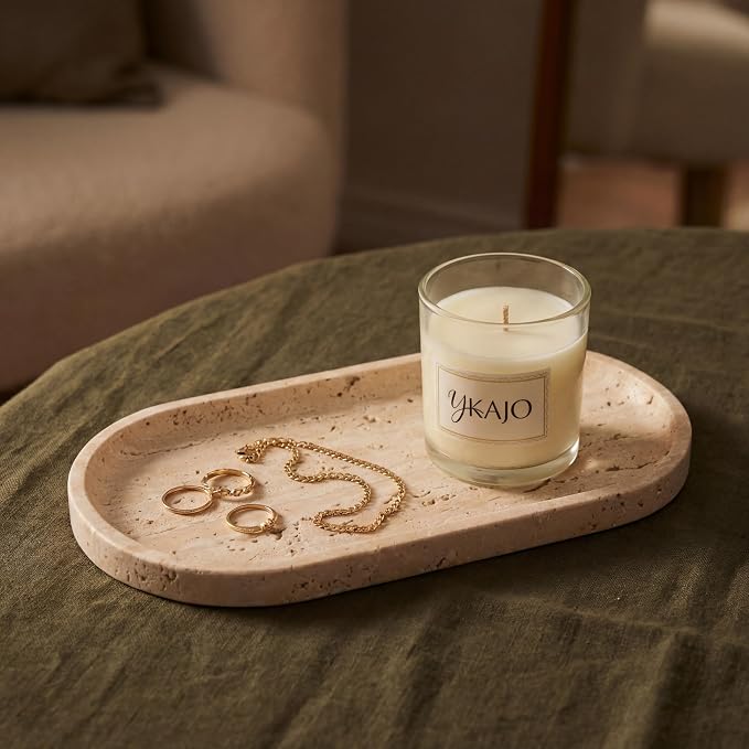 YKAJO Natural Travertine Beige Oval Marble Tray, 11.8x5.9 Vanity Organizer | Honed natural stone; jewelry & trinket dish, ring & key holder, soap & candle catchall; bath counter, dresser, coffee table