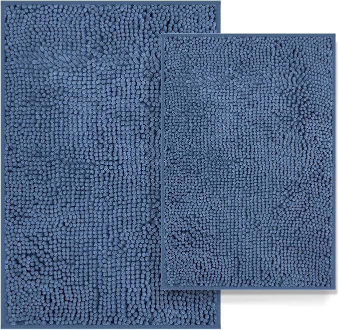 RUN HELIX Bathroom Rug Set 2 Pieces Non-Slip, Chenille Toilet Rugs, Absorbent Plush Shaggy Bath Mat Set for Bathroom, Bedroom, Kitchen, Deep Blue, 20"x32" & 16"x24"