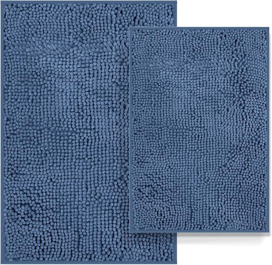 RUN HELIX Bathroom Rug Set 2 Pieces Non-Slip, Chenille Toilet Rugs, Absorbent Plush Shaggy Bath Mat Set for Bathroom, Bedroom, Kitchen, Deep Blue, 20"x32" & 16"x24"