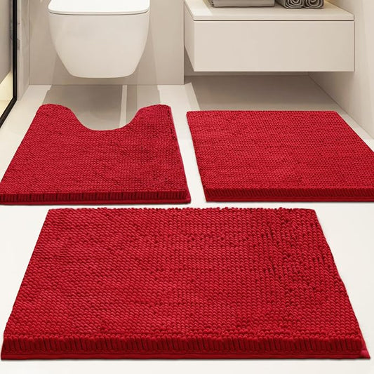 Bathroom Rugs Chenille Bath mat 3 Piece Set, Super Absorbent, Strong PVC Non Slip Backing, Bath mats for Bathroom, Plush Shaggy, Thick, Machine Washable, Bathtub, Shower, Toilet, Red
