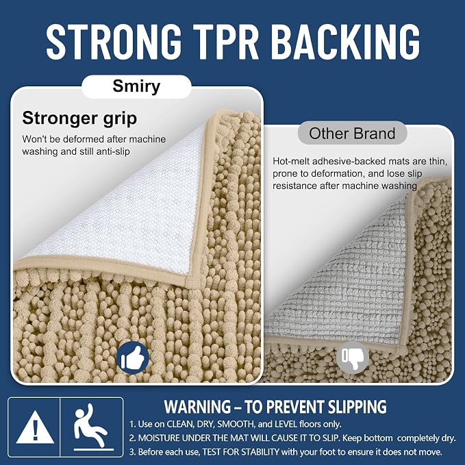 Smiry Bathroom Rugs 44X24, Extra Soft Rubber Backing Chenille Bath Mats | Beige Machine Washable Non Slip Quick Dry Bath Mats for Bathroom Floor, Tub, Shower, Home Decor Accessories