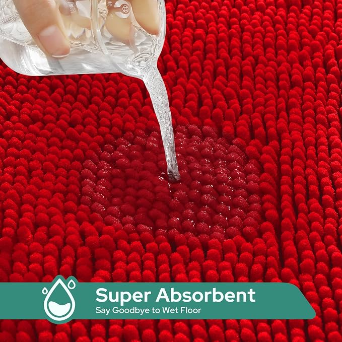 HOMEIDEAS 3 Pieces Red Bathroom Rugs Set, Ultra Soft Non Slip Bath Rug and Absorbent Chenille Bath Mat, Includes U-Shaped Contour Rug, Bath Mat and Toilet Lid Cover, Perfect for Bathroom, Tub