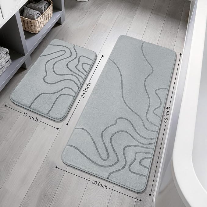 YIHOUSE Memory Foam Bathroom Rugs Sets 2 Piece, 17"x24"+20"x46", Grey | Ultra Soft, Extra Thick Bath Mat, Absorbent, Non-Slip, Machine Washable, For Tub, Shower & Home Decor Accessories