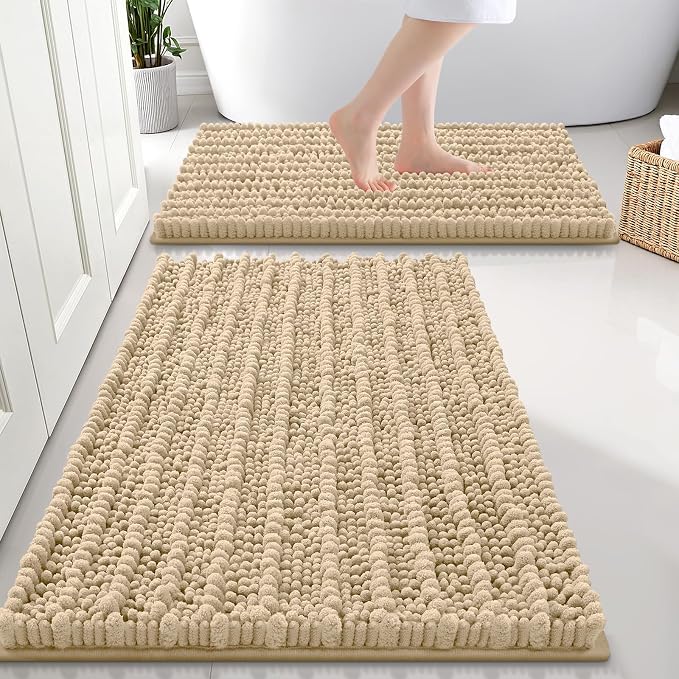 Smiry Bathroom Rugs Sets 2 Piece (30x20+24x16), Extra Soft Bath Mats | Beige Soft Absorbent, Rubber Backing Machine Washable Quick Dry Chenille Bath Rug Set for Tub, Shower, and Floor