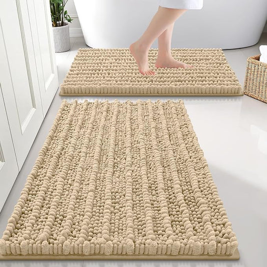 Smiry Bathroom Rugs Sets 2 Piece (30x20+24x16), Extra Soft Bath Mats | Beige Soft Absorbent, Rubber Backing Machine Washable Quick Dry Chenille Bath Rug Set for Tub, Shower, and Floor
