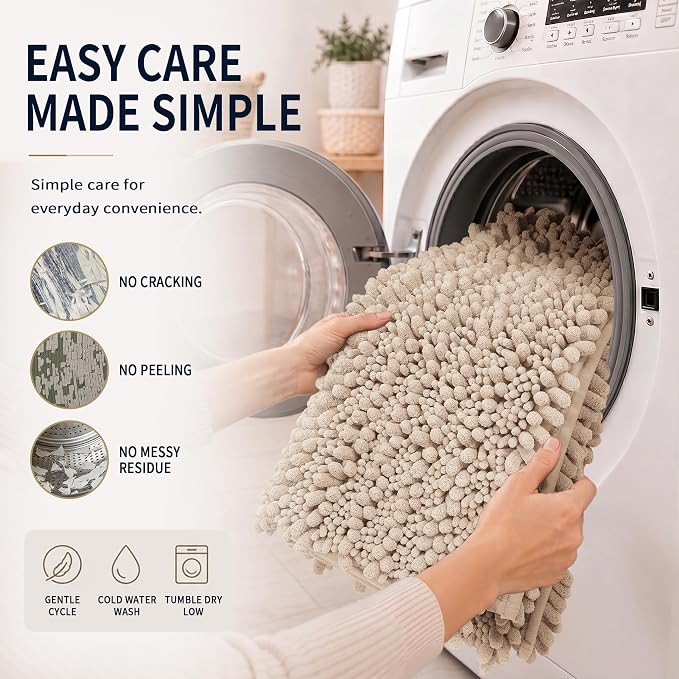 Yimobra Bathroom Rug Set 3 Piece, Super Water Absorbent Bath Mat Set, Beige | Quick Dry Soft Chenille Bath Rugs & Toilet Rug, Non Slip Machine Washable, Extra Thick Shaggy Floor Mat for Shower Tub Sink