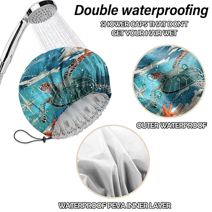 2 PCS Shower Cap Reusable Waterproof Double Layers Hair Caps Shower Bath Adjustable Elastic Hat for Women Girls Cute Aesthetic-Beach Sea Turtle