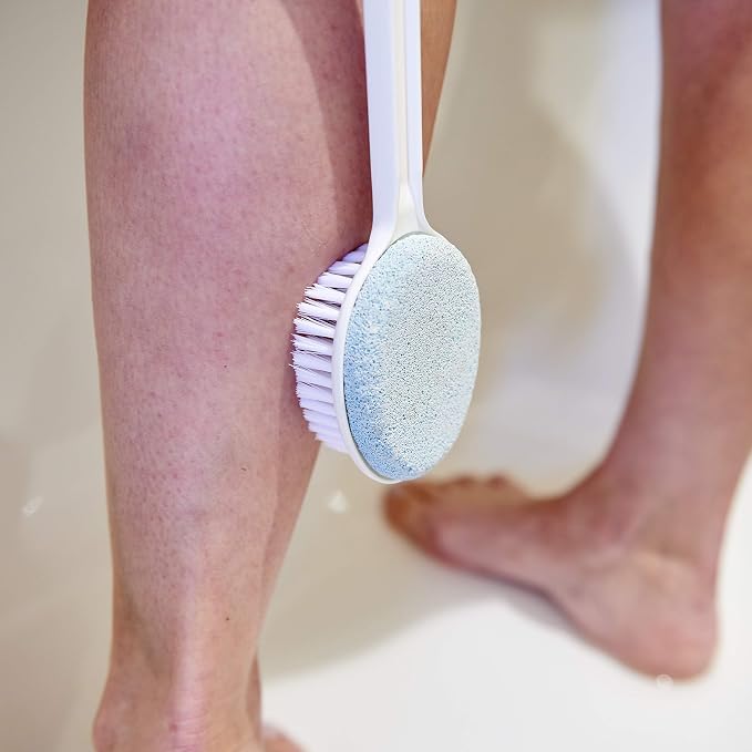 Helping Hand Company Long Handled Foot Scrub Brush with Pumice Stone. Bath and Shower Scrubber. Hard Skin Scrubber and Exfoliating Foot Stone. 21" / 53cm Bendable Long Handled Sponge for Disabled