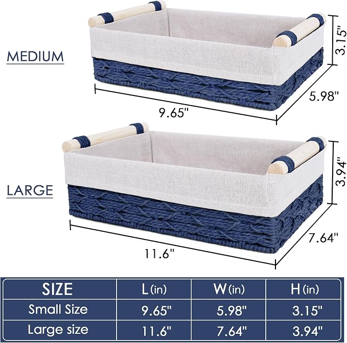 Wicker Storage Basket with Wooden Handle – Paper Rope Decorative Toilet Paper Baskets & Bathroom Organizer for Toilet Tank Top, Shelves, Bedroom, Countertop,Home,Office Storage Bins,2 Pack,Navy Blue