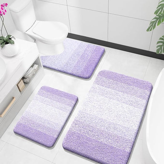 OLANLY Microfiber Bathroom Rugs Sets 3 Piece, 36"x24"+24"x16"+24"x20" | Light Purple, Soft Absorbent Bath Mats and U-Shaped Contour Toilet Rug, Plush Shaggy Bath Mat Set for Bathroom