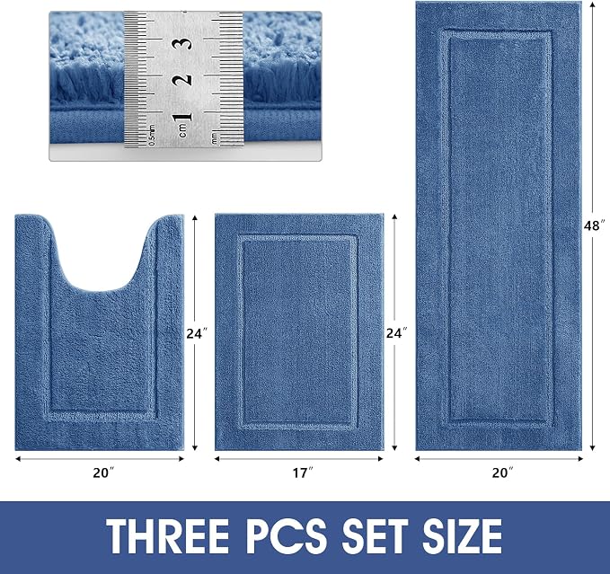 IM HOME Bathroom Rugs Sets 3 Piece, Ultra Soft Thick Plush Fluffy Microfiber Absorbent Bath Mat, Non-Slip Backing, Machine Washable Bath Mats for Bathroom Floor, Tub, Toilet and Shower, Blue