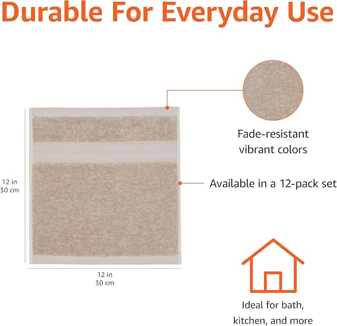 Amazon Basics Fade-Resistant Highly Absorbent 100% Cotton Washcloths, Machine Washable, 12"x12", Taupe, 12-Pack