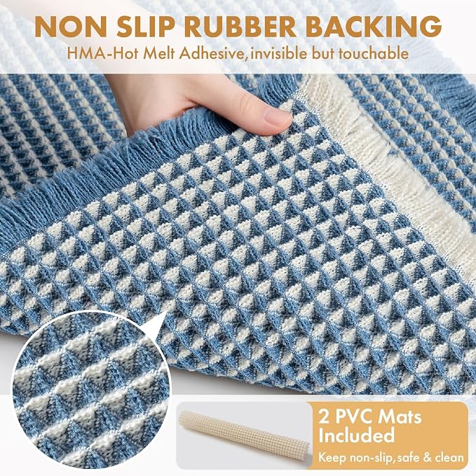 MIULEE Set of 2 Waffle Bathroom Rugs Boho Bath Mat Blue&Cream 17x24 Inch | Non Slip, Super Absorbent, Washable, Ultra Soft, Rubber Backed, Small Bath Rugs for Bathroom Floor Tub Shower