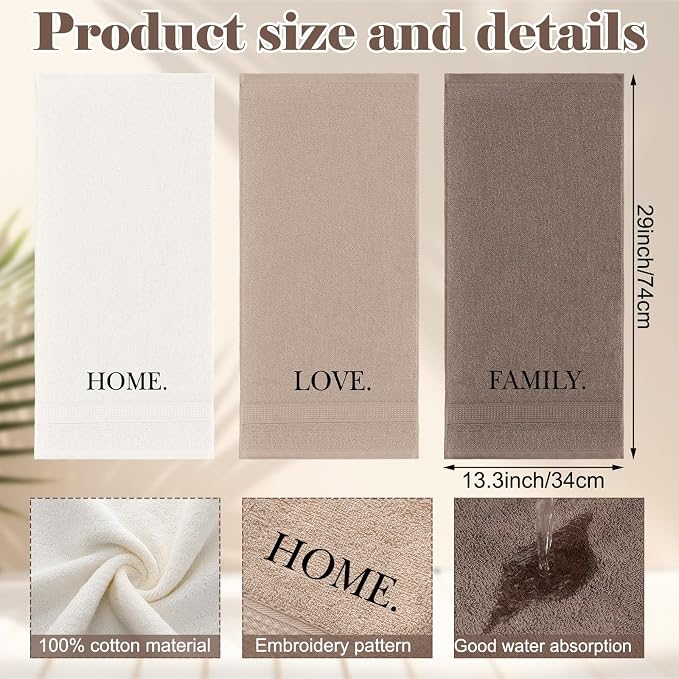 3 Pcs Hand Towels Bathroom Set,Brown,Home,Love,Family | Embroidered Cotton Farmhouse Towels, Kitchen Decor, Rustic Boho Decorative with Text Labels, Guest Bath Home