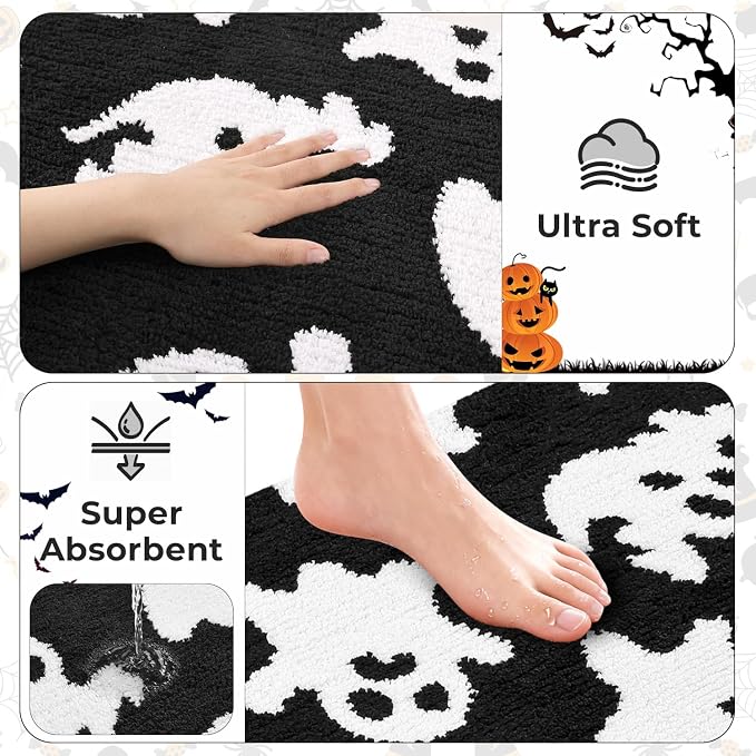 Findosom Halloween Bathroom Rugs Sets 3 Piece, Absorbent Soft Bath Rug Set | Washable Non-Slip Microfiber Shaggy Ghost Bath Mat Set with Bathroom Runner Rug, U-Shaped Toilet Rugs, Shower Rug, Black