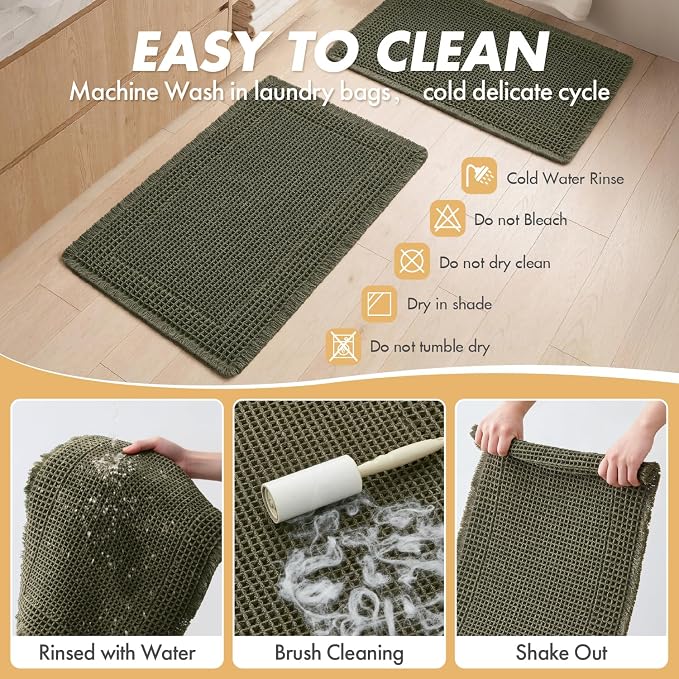 MIULEE Set of 2 Waffle Bathroom Rugs Bordered Bath Mat Green 18x30 Inch | Non Slip, Super Absorbent, Washable, Ultra Soft, Rubber Backed Bath Rugs for Bathroom Floor Tub and Shower, Boho Decor
