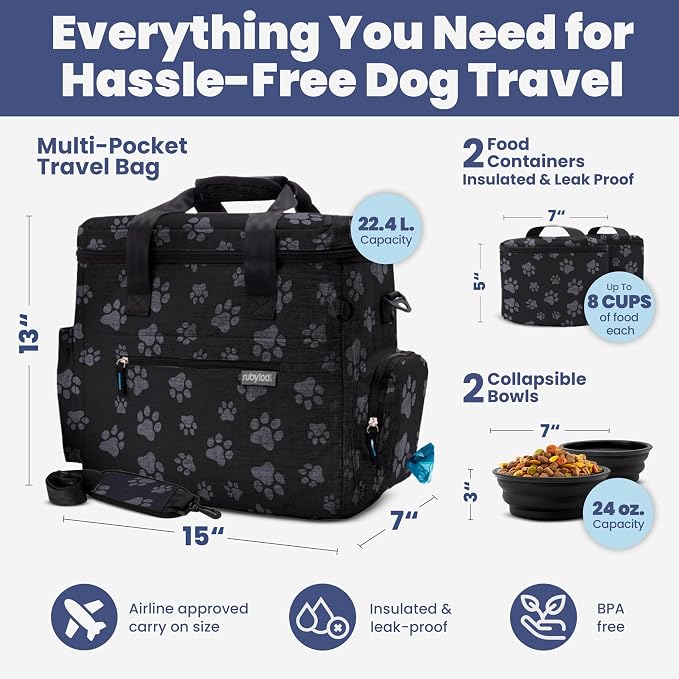 Original Doggy Bag™ Dog Travel Bag for Supplies with Travel Bowls | 2 BPA-Free Collapsible Bowls, 2 Pet Food Containers, TSA-Ready, Road Trips, Camping, Weekend Getaways, Doggy Gift, Paw Print