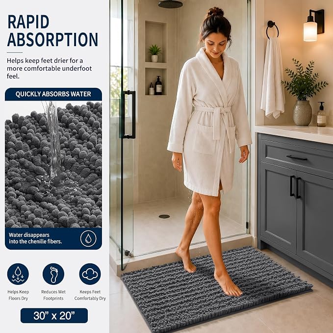Yimobra Bathroom Rug Set 3 Piece, Super Absorbent Bath Mat Set, Dark Gray | Quick Dry Soft Chenille Bath Rugs & Toilet Rug, Non Slip Machine Washable, Extra Thick Shaggy Floor Mat for Shower Tub Sink