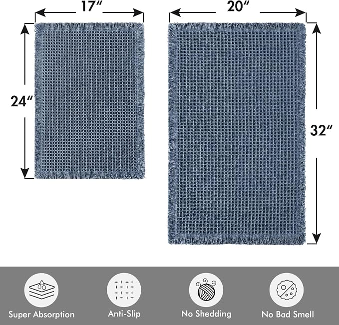 MIULEE Set of 2 Waffle Bathroom Rugs Boho Bath Mat Blue 17"x24"+20"x32" | Non Slip, Super Absorbent, Washable, Ultra Soft, Rubber Backed Bath Rugs for Bathroom Floor Tub Shower