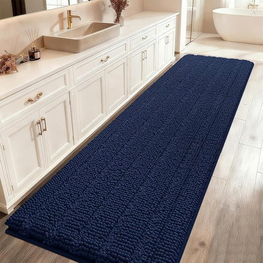 ACCUMTEK Extra Long Striped Navy Blue Bathroom Rug Mat 70"x24" Ultra Soft, Non Slip Chenille Bath Rugs, Absorbent Plush Shaggy Bath Mats for Bathroom, Bedroom, Kitchen, Shower, Tub