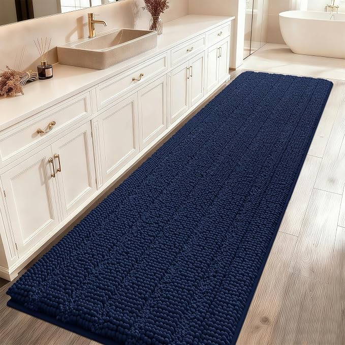 ACCUMTEK Striped Navy Blue Bathroom Rug Mat 48"x17" Ultra Soft, Non Slip Chenille Bath Rugs, Absorbent Plush Shaggy Bath Mats for Bathroom, Bedroom, Kitchen, Shower, Tub
