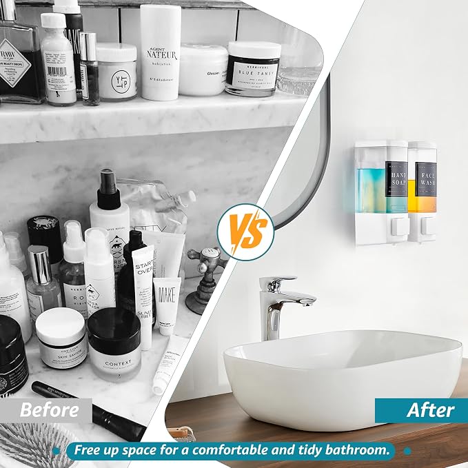 Shampoo and Conditioner Dispenser for Shower, 2 Chamber, White | Clog-Free Pump for Thick Liquids, 16.9oz Large Capacity, No Drill Wall Mounted Compact Design for Small Bathroom