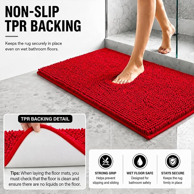 Bathroom Rugs Sets 2 Piece,Super Absorbent Soft,Thick,Machine Washable Chenille Bath Mat,Non Slip Toilet Floor Rug,Bath Mats for Bathroom,20x32 Plus 20x20 U Shape,Red