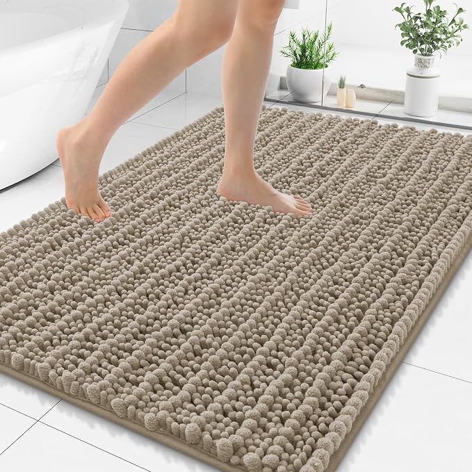 Smiry Bathroom Rugs 48X32, Extra Soft Rubber Backing Chenille Bath Mats | Latte Machine Washable Non Slip Quick Dry Bath Mats for Bathroom Floor, Tub, Shower, Home Decor Accessories