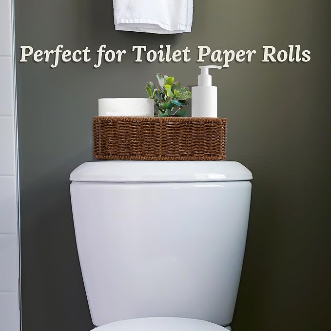 WeeNest Baskets for Organizing, Small Wicker, Storage Bins for Bathroom and Toilet Paper Rolls, Hand Woven Tank Topper with Handle, Set of 2, Toffee