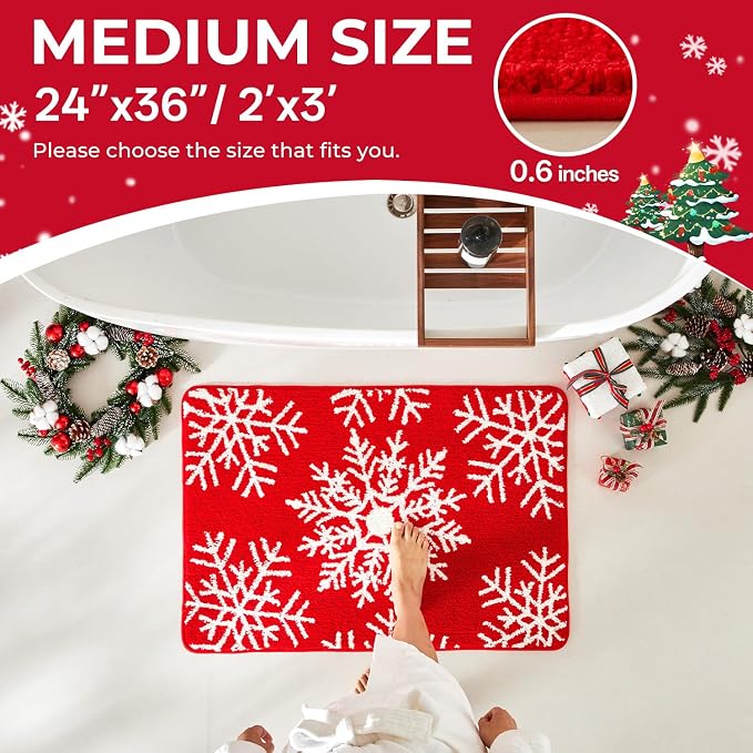 TYUU Christmas Bathroom Rugs, Extra Soft Absorbent Bath Rug Non Slip Washable Bathroom Mat Holiday Xmas Home Decor Indoor Bath Mat, Snowflake, 24"x36"