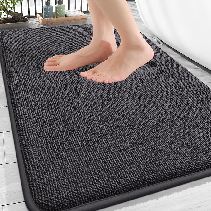 OLANLY Thick Memory Foam Bathroom Rugs 34x21, Absorbent Bath Mat, Dark Grey | Soft Quick Dry Bath Rugs, Non-Slip, Machine Washable Carpet for Bathroom Floor, Tub and Shower, Home Decor Accessories