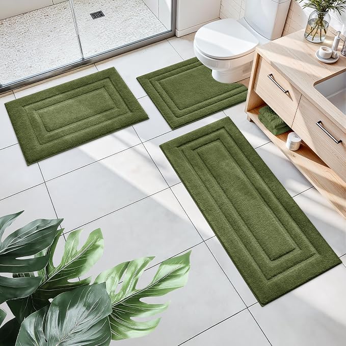 HOMEIDEAS Olive Green Bathroom Rugs Set of 3, Non Slip Bath Runners | Super Absorbent, Plush Microfiber, Machine Washable, Stain Resistant, Easy Care, Perfect for Modern Bathroom Decor