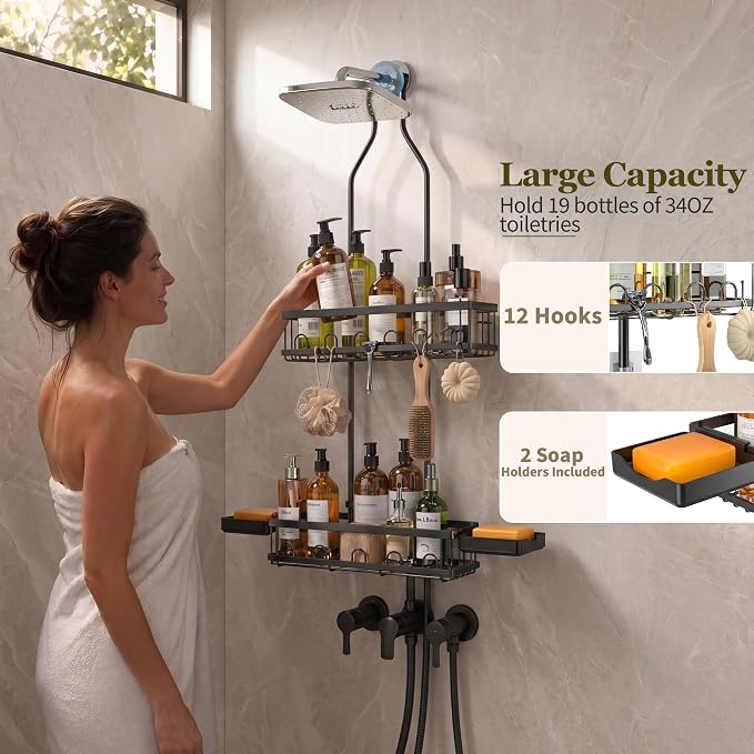 Skyapex Shower Caddy Hanging Over Shower Head, Adjustable, Black | Adjustable height fits tall bottles up to 18 inches; anti-sway design holds 40 lb; quick-drain steel; includes 2 soap trays.