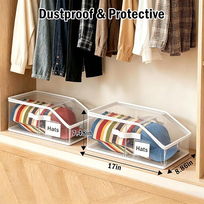 Clear Hat Organizer– Stackable Transparent Hat Display Case with Zipper Closure 2PCS– Space-Saving Protective Unit for Baseball Caps & Accessories White Trim