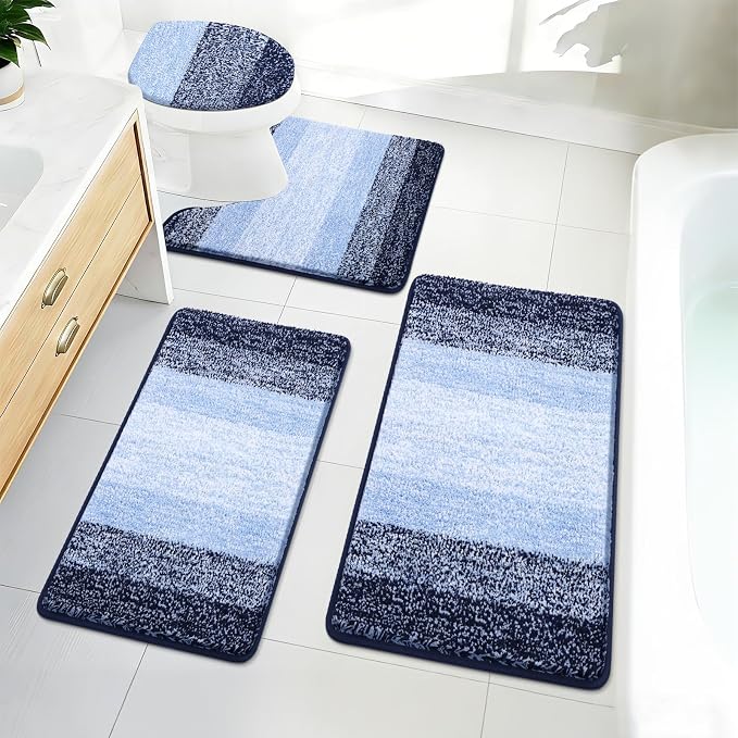 Bsmathom Bathroom Rug Set 4 Piece, Plush Microfiber Bath Mat, Navy Blue | Super Water Absorbent, Non Slip Machine Washable Bath Rug Sets with Toilet Lid Cover and U-shaped Contour Toilet Mat