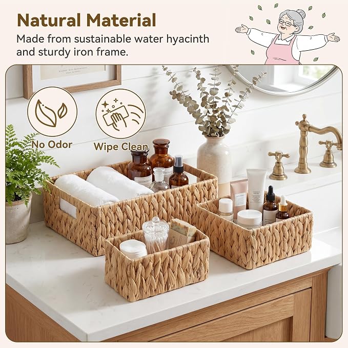 GRANNY SAYS Wicker Baskets for Shelves 3 Pack, Large Wicker Storage Baskets with Handles, Water Hyacinth Woven Basket for Organizing