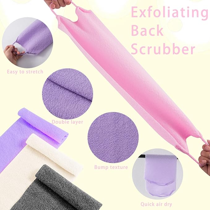 4Pcs Back Scrubber for Shower, Nylon Exfoliating Body Washcloth, Stretchable Back Scrubber With Handle, Back Washer for Women Men