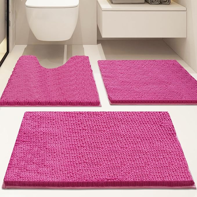Bathroom Rugs Sets 3 Piece Non Slip,Bath Rugs with PVC Backing Bath Carpet,Bathroom Rug Washable,Absorbent,Plush Carpet Mats,Bath Mats for Bedroom, Kitchen,Tub,Home Decor(Rose red)