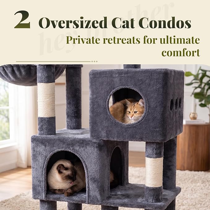 Hey-brother Cat Tree Tower with Stable L-Shaped Widen Base, Condo, MPJ086G | 68.5 Inches Multi-Level Furniture with 2 Platforms, 11 Scratching Posts, Hammock and Toys Ball for Indoor Cats, Smoky Gray