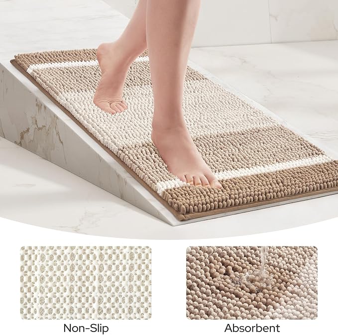 HOMEIDEAS Beige Bathroom Rugs Set of 2, Striped Chenille, 20"x32"+17"x24" | Non Slip Absorbent Bath Mats, Fluffy Striped Chenille Soft Shaggy Bath Rugs for Bathroom Floor and Tub, Machine Washable