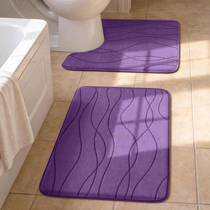Bathroom Rugs Set 2 Piece, Memory Foam Bath Mat Purple | U Shaped+Small Mat, Ultra Soft, Absorbent, Non-Slip, Machine Washable, for Bathroom, Sink and Toilet